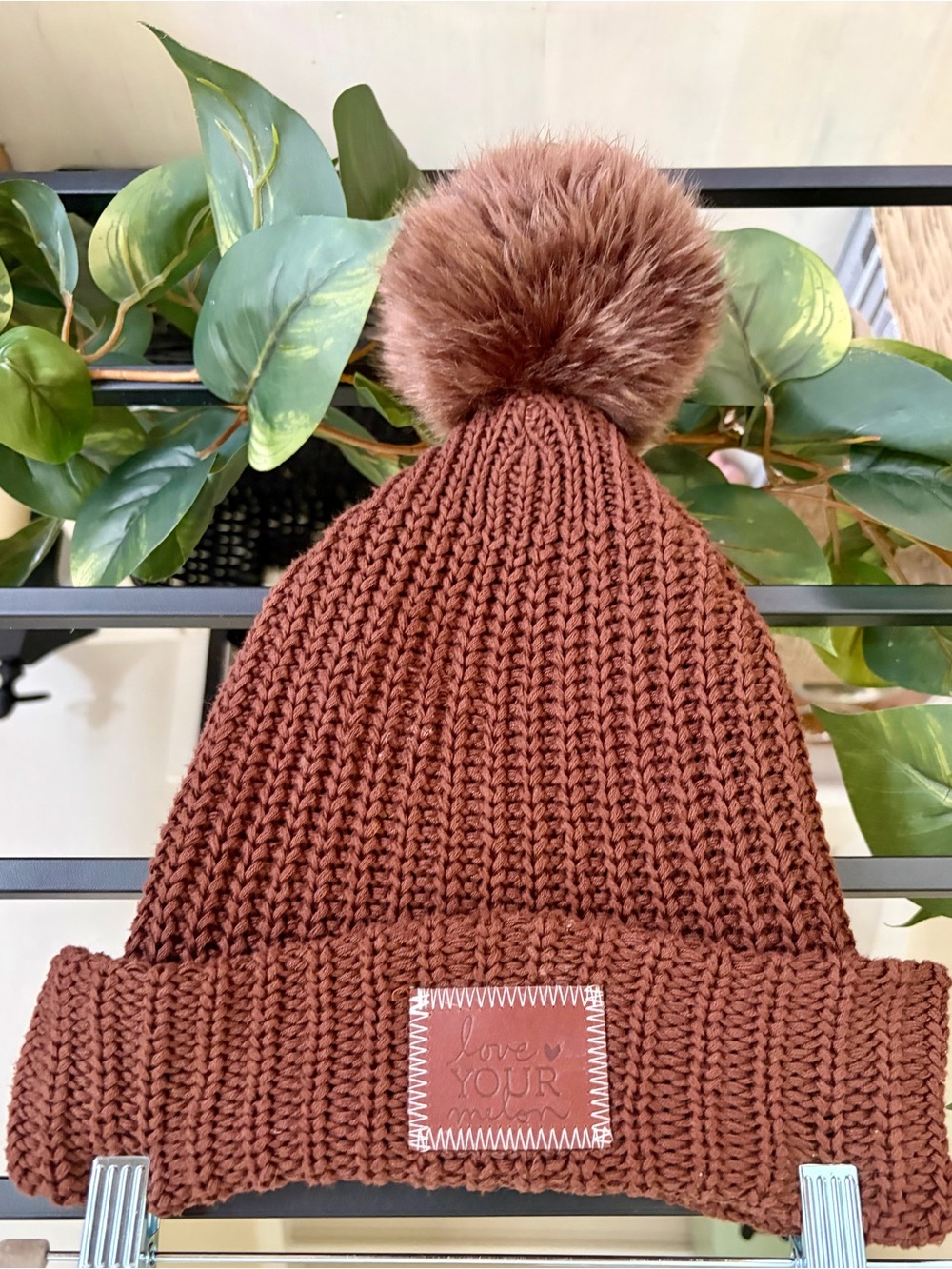 Love Your Melon Brown Knit Pom Pom Beanie 100% Cotton Made in USA